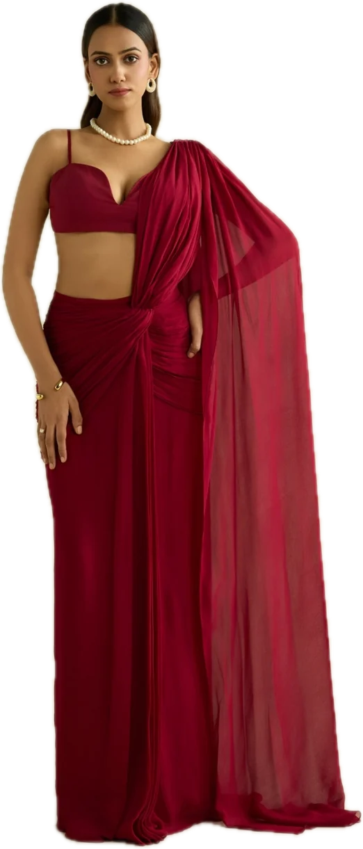 Aanchal in a maroon pre-draped saree by Meesa