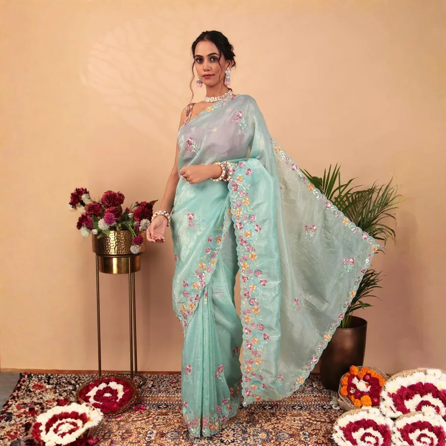 Aanchal in the mint saree, full length